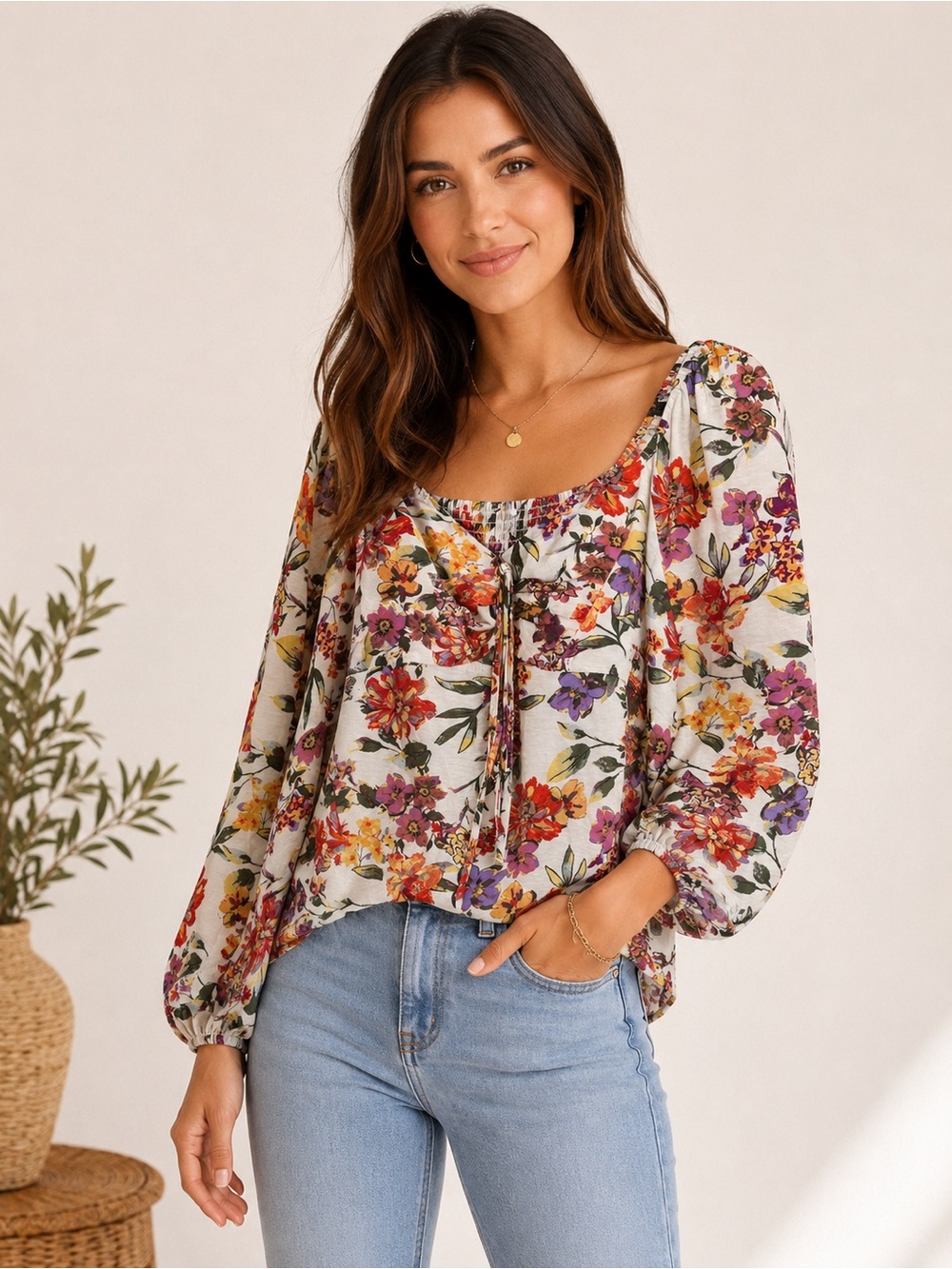 Women's Cream Floral Peasant Blouse with Tie Neck